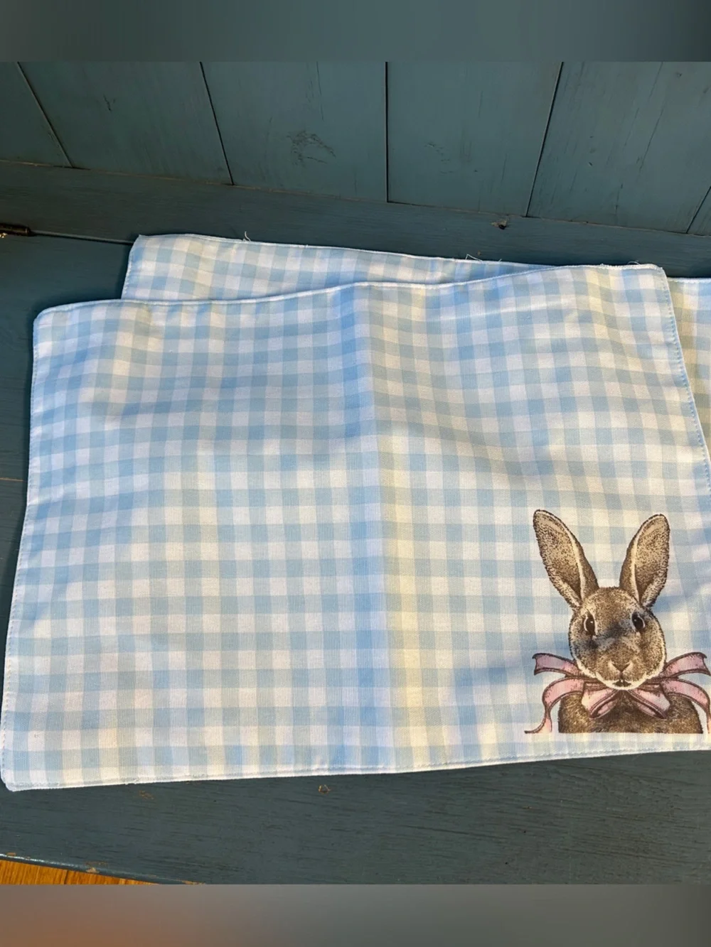 Bunny Tales Blue & White Gingham Bunny Print Table Placemats - Set of 2 | EUC